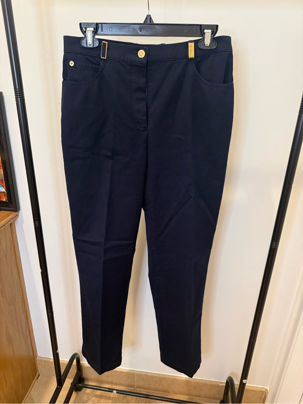 Straight Leg Women's Slacks in Navy with Gold-Tone Accents